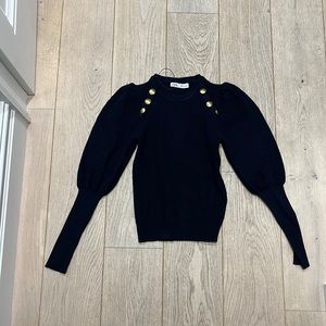 ZARA navy sweater w gold buttons and puff sleeve
